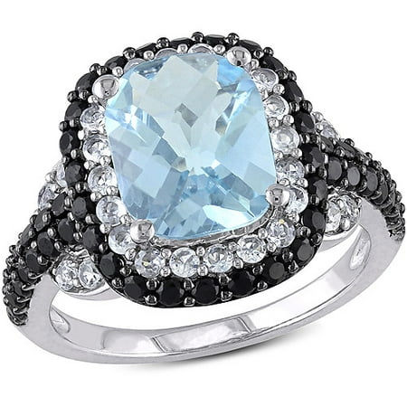 5-3/8 Carat T.G.W. Blue Topaz and Created White Sapphire with Black Spinel Sterling Silver Double Halo Cocktail Ring