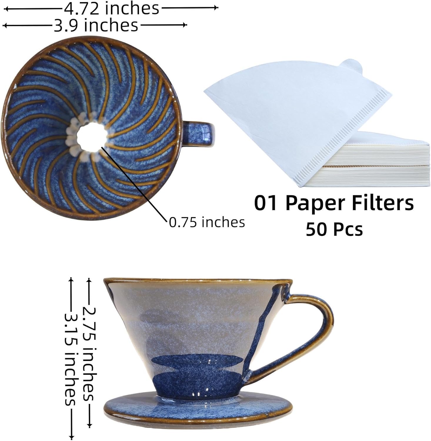 Ceramic Coffee Dripper includes 50 Filters 01 Pour Over Coffee Maker Porcelain V 60 Hand Brewed Set Pottery Artisanal Drip Brew Barista Gift for 1-2 People Travel Camping Office Home