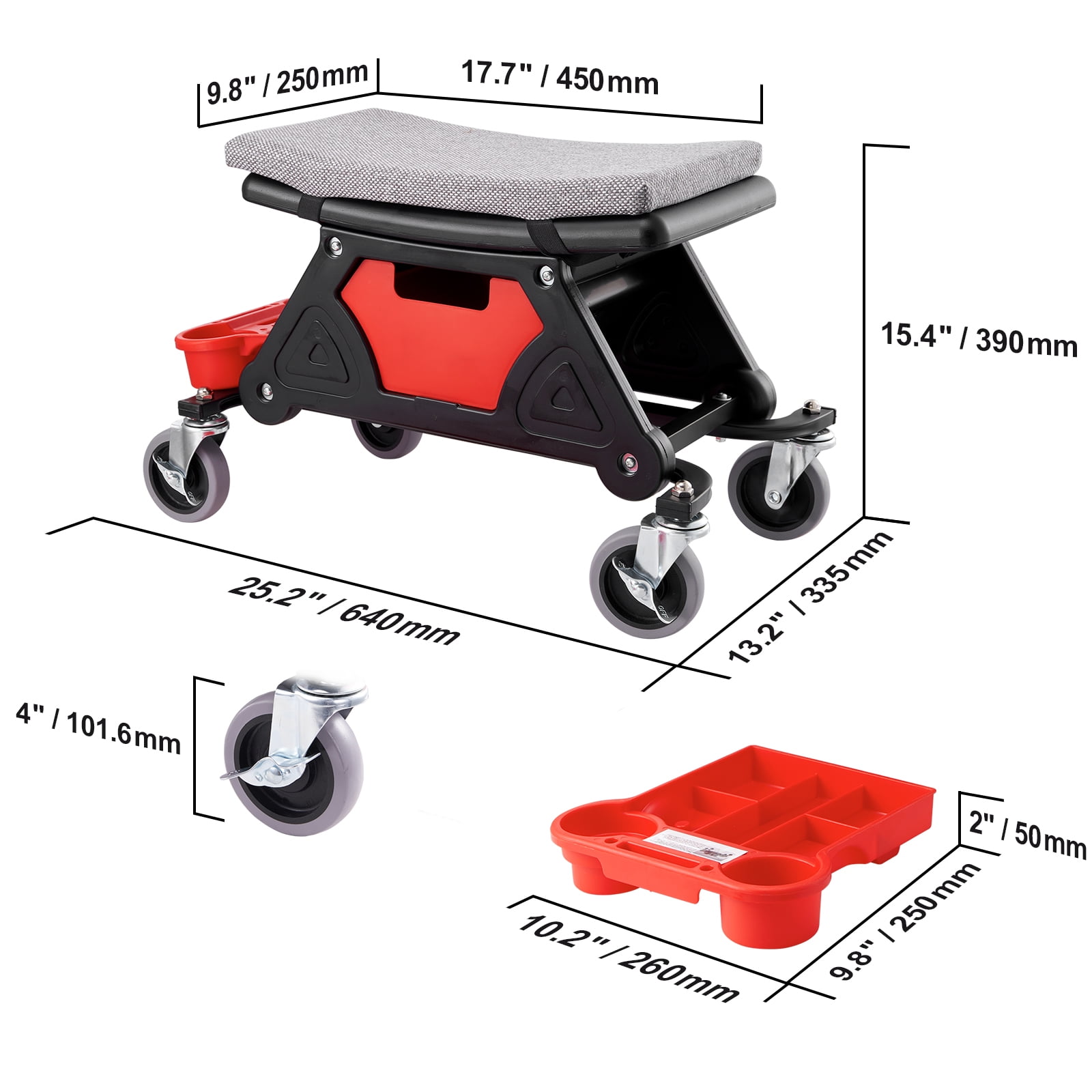 KFFKFF Mechanic's Roller Seat, Supports up to 300 LBS, Equipped with 4-inch Casters, Features 3 Pull-Out Storage Trays and a Drawer, Durable Rolling Creeper Chair for Garage and DIY Tasks