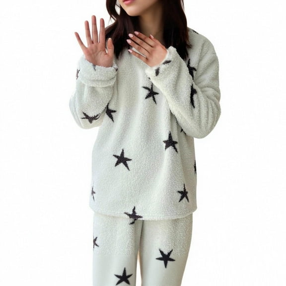 Ashirexll Fuzzy Pajamas for Women, Two Piece Sets for Women, Star Print Wool Winter Warm Pajama Set Comfortable Home Clothes