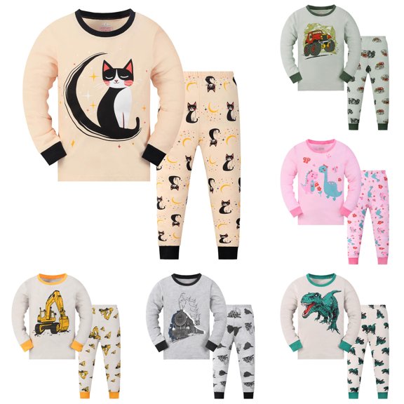 GobdXE Boys Dinosaur Pajama Set T-Rex Print Long Sleeve Crew Neck Top Cuffed Pants Kids 2 Piece Loungewear Outfit 1-2 Years,Yellow
