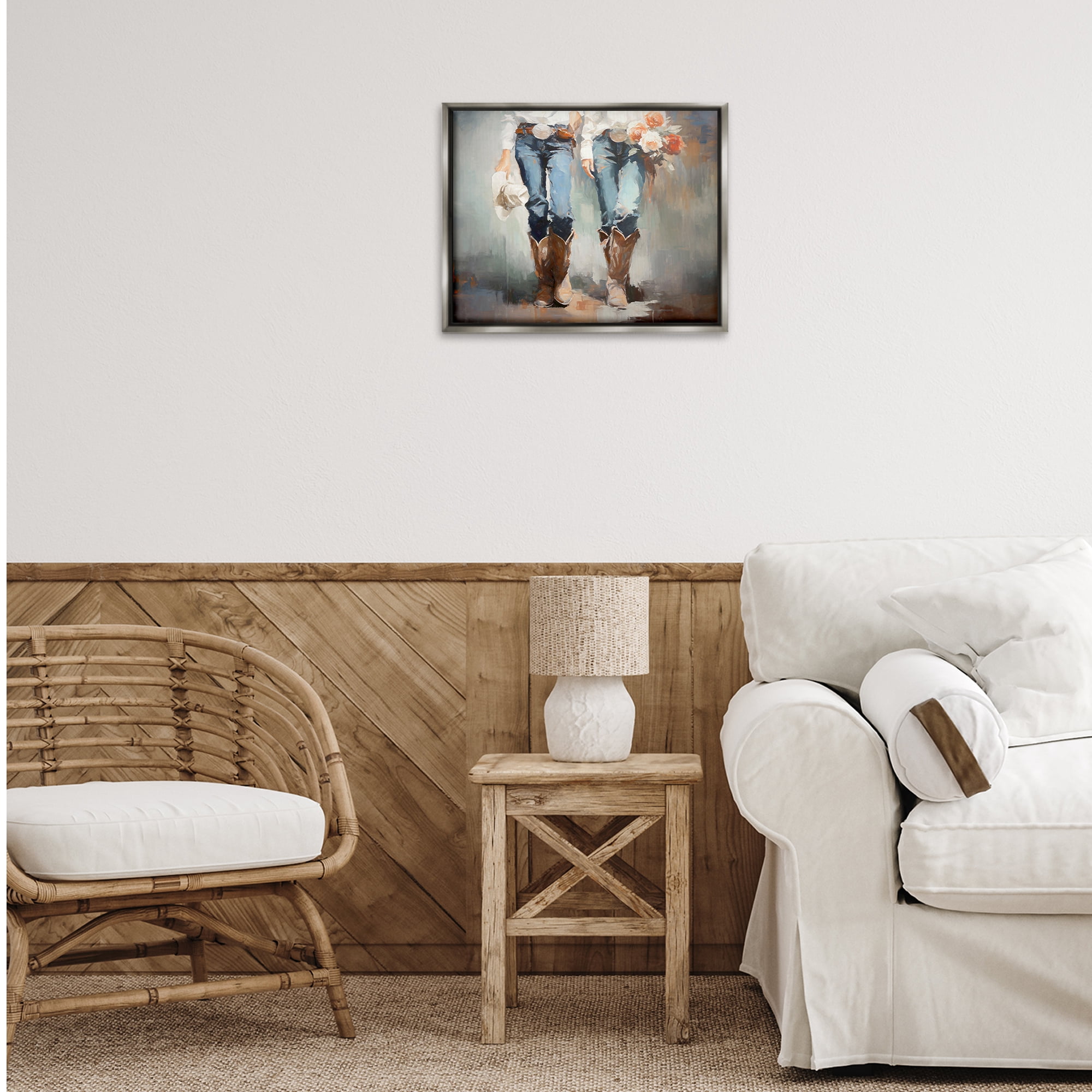 Stupell Industries Floral Cowgirl Pair Novelty Painting Gray Floater Framed Canvas Art Print Wall Art, 21 x 17