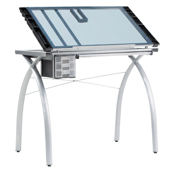 Futura Deluxe Drafting Table with Adjustable Top Light Pad Support Bars and Leg Extensions, Silver / Blue Glass