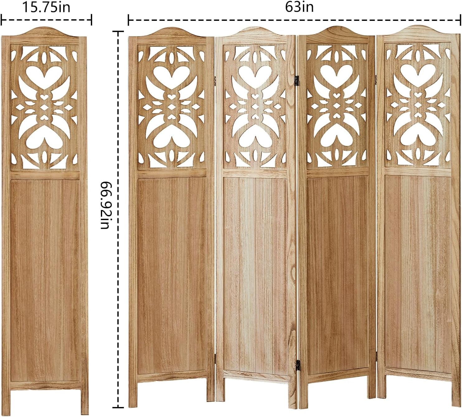 Wood Room Divider 4 Panel 5.6Ft Carved Room Divider and Folding Privacy Screen, Minimalism Portable Partition Screen Divider for Room Separation, Room Decoration for Home Office - Natural