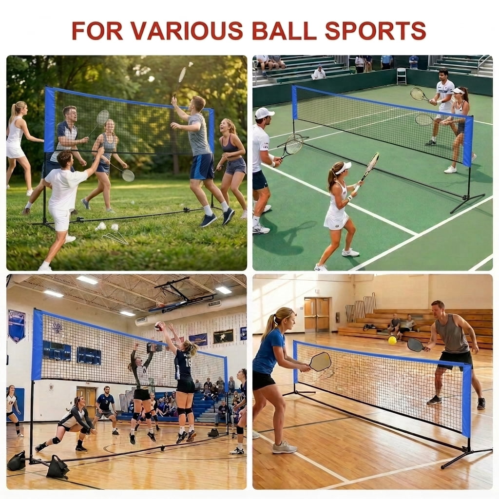 LEDREM Adjustable Sports Net for Badminton, Volleyball, Pickleball & Junior Tennis, 16.5ft Wide Portable Net System with Poles & Carry Bag, Blue