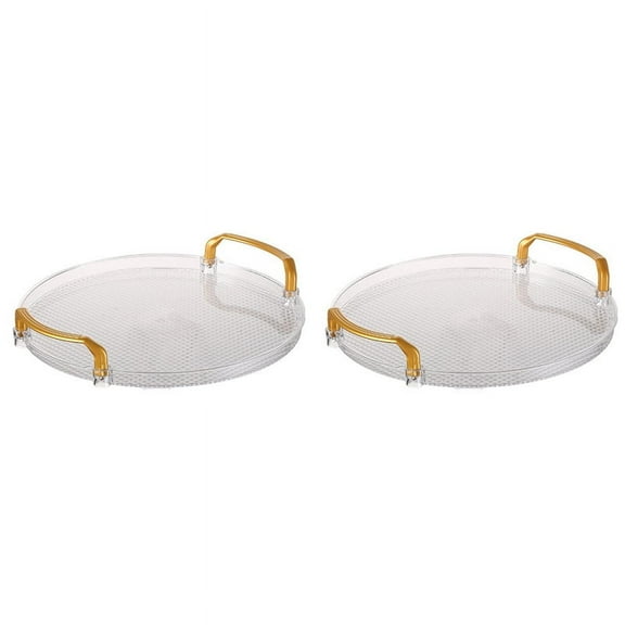 2X Acrylic Clear Round Serving Tray Bathroom Vanity Tray Decorative Tray with Golden Handle for Coffee Table Office C