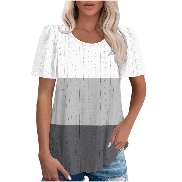 T-shirts Surdimensionnés pour Femmes à Blocs de Couleur Col Rond Manches Courtes Décontractés avec Ourlet Courbé