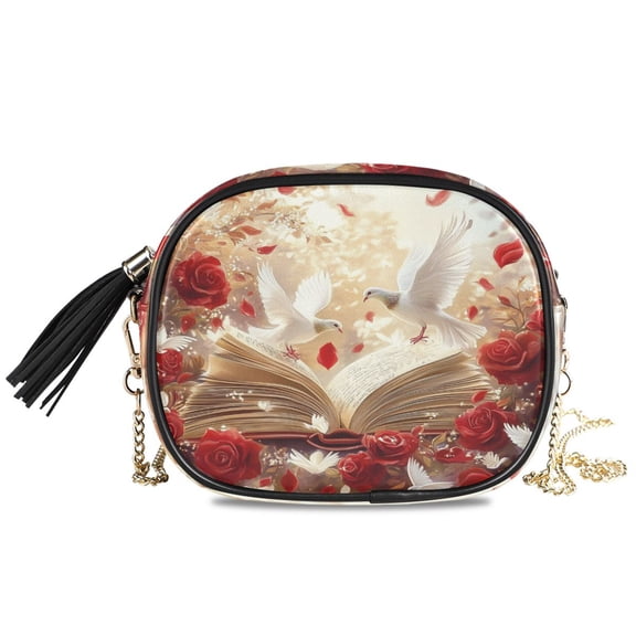 Womens Casual Chain Shoulder Bag Simple style White Doves Red Roses Crossbody Bag