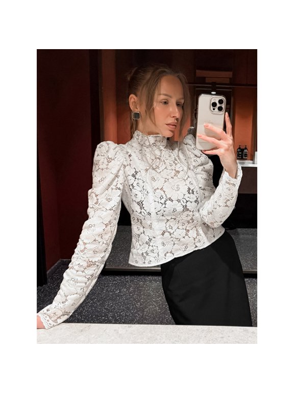Victorian Style Mock Neck Lace Blouse Puff Long Sleeve Elegant Top