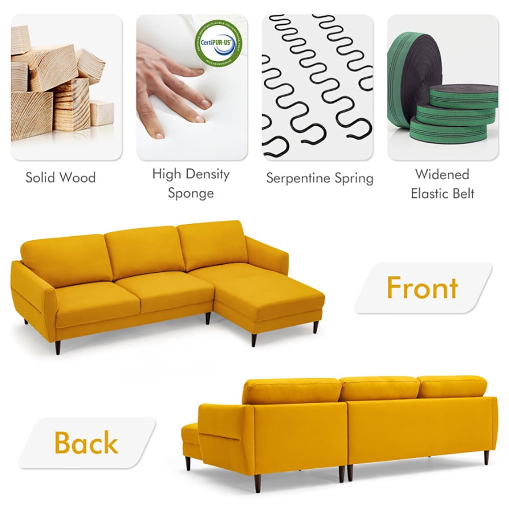 Finihen L-Shaped Sectional Sofa Couch, Sofa Bed, Convertible L-Shaped Fabric Sectional Sofa with Chaise Lounge and Solid Wood Legs, for Living Room, Yellow Finihen L-Shaped Sectional Sofa Couch, Sofa Bed, Convertible L-Shaped Fabric Sectional Sofa with Chaise Lounge and Solid Wood Legs, for Living Room, Yellow
