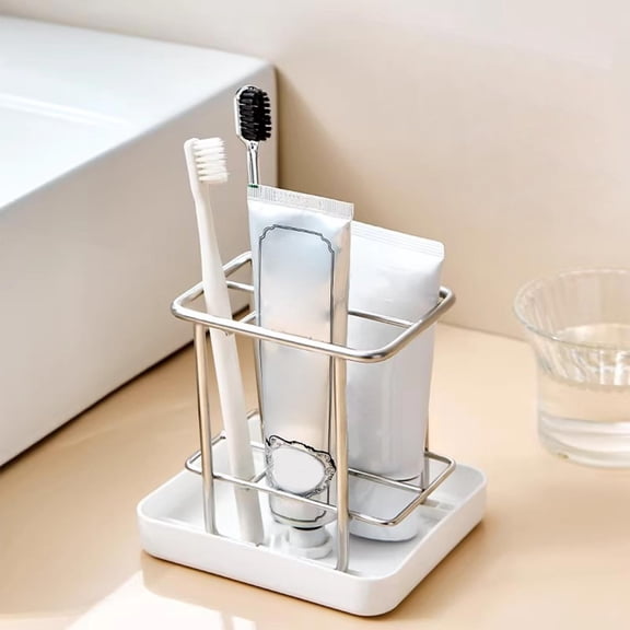 Stainless Steel Toothbrush Holder with Tray - Countertop Bathroom Organizer for Toothbrush Storage, Draining Toiletries & Sponge Holder - Silver