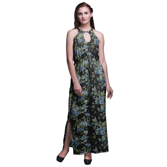 Bimba Floral Women Printed Crew Neck Side Slits Halter Dress Long Evening Gown-XX-Large