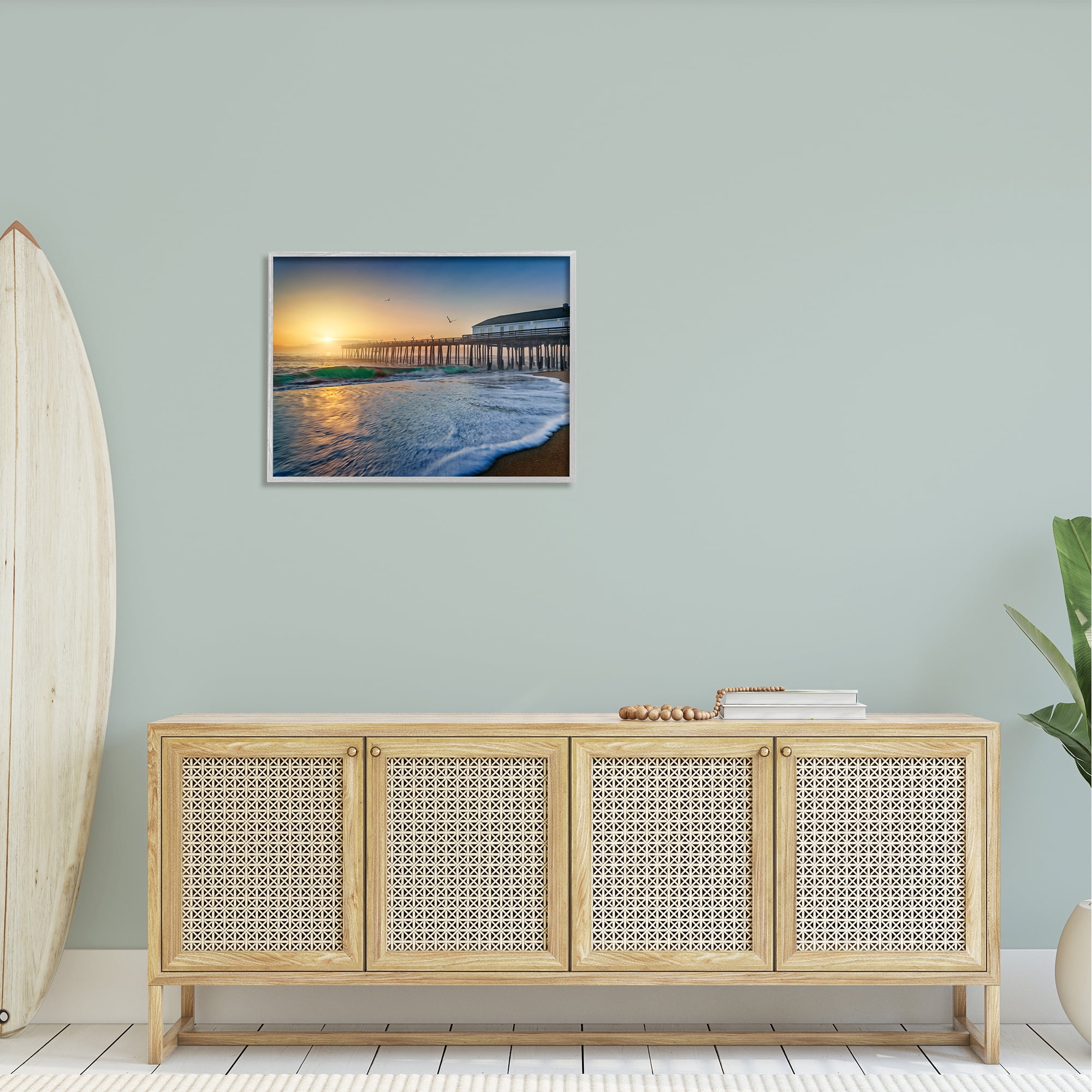 Stupell Sunlit Coastal Pier Ocean Foam Landscape Photography Gray Framed Art Print Wall Art