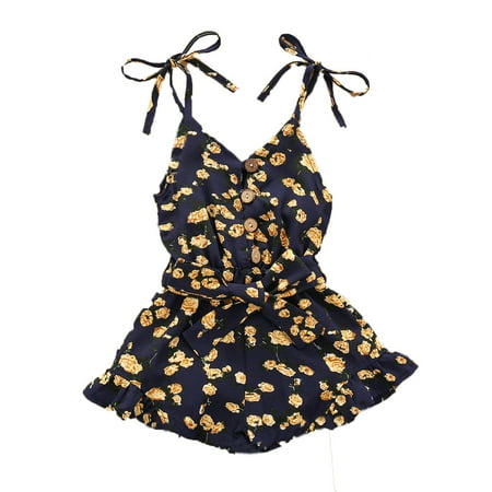 

EHTMSAK Infant Baby Toddler Kids Bowknot Floral Suspender Romper for Girl Summer Linen Clothes Button Jumpsuit Black 6M-4Y 80
