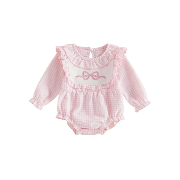 Cjfdfy Newborn Baby Girl Fall Outfits Pink Plaid Bow Ruffled Romper Long Sleeve Bubble Bodysuit Fall Smocked Bubble Romper Baby Cute Sweet Fall Winter Outfit 0-18 Months