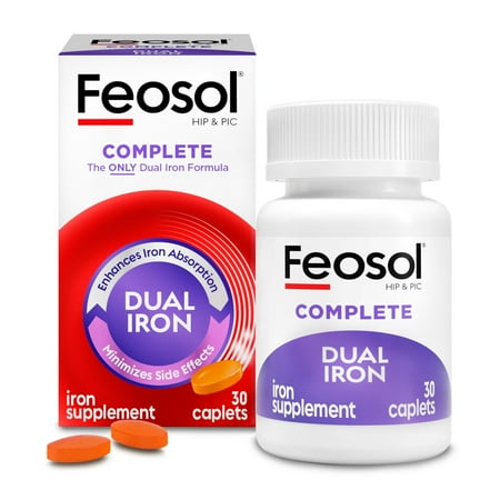 Feosol Complete Iron Supplement, Heme & Non-Heme Minimizes Side Effects, 30 Caplets