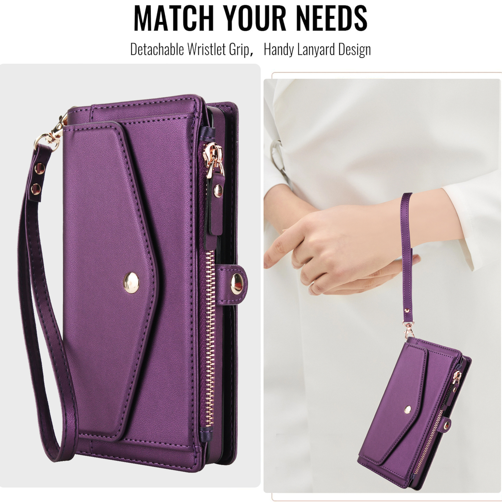 Designed for Samsung Galaxy S24 Multi-Function Wallet Phone Case,With Shoulder Strap&Wrist Strap,Cash Pocket&Card Slots,Zipper Purse,Magnetic Detachable PU Leather Flip Phone Case,Purple