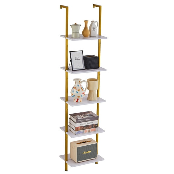 VEVOR Ladder Shelf, 5-Tier Bookshelf 15.6x11.8in, Open Wall-Mounted Ladder Shelf with Metal Frame,Storage Rack Sundries Holder for Kitchen Bedroom Bathroom Living Room, Gold White