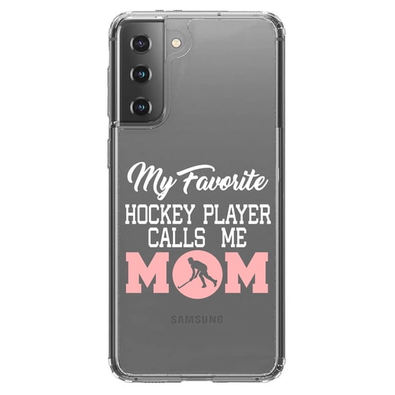 DistinctInk Clear Shockproof Hybrid Case for Galaxy S21+ PLUS 5G (6.7" Screen) - TPU Bumper Acrylic Back Tempered Glass Screen Protector - My Favorite Hockey Player Calls Me Mom