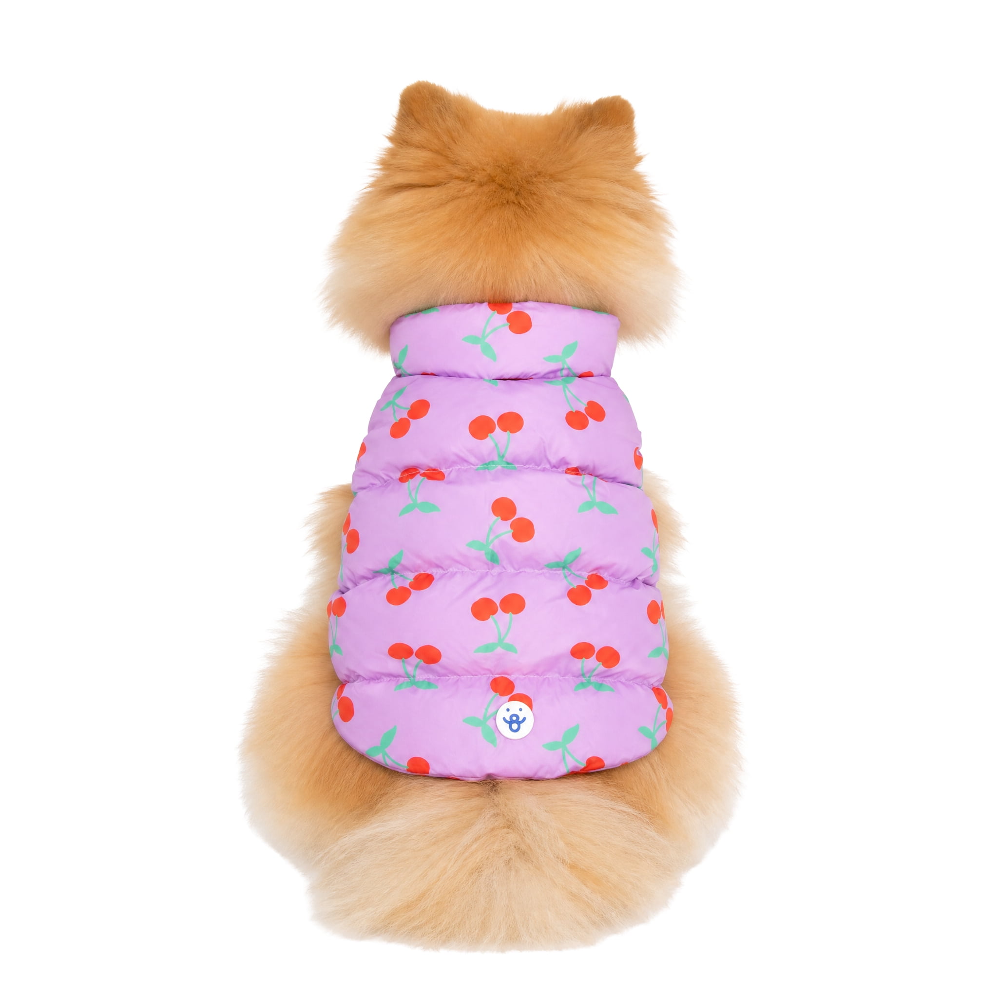 Oodles Cherry Print Quilted Puffer Fall Dog Jacket, Purple, Small
