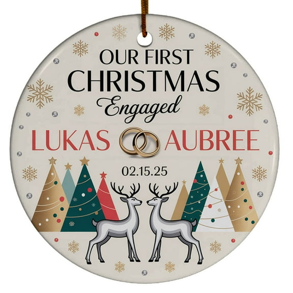 1st Christmas Engaged Ornament, Our First Christmas Engaged Ornament Gift for Wedding Couple Deer, Custom Name Text Names & Date Anniversary Christmas Ornament 2025
