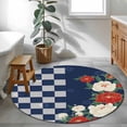 thumbnail image 5 of Japanese Flower Round Rug 3ft Washable Circle Entryway Rugs Non Slip Botanical Floral Leaf Blue Plaid Area Rug Indoor Floor Carpet for Bedroom Kitchen Living Room Home Office Dining Room Nursery, 5 of 8