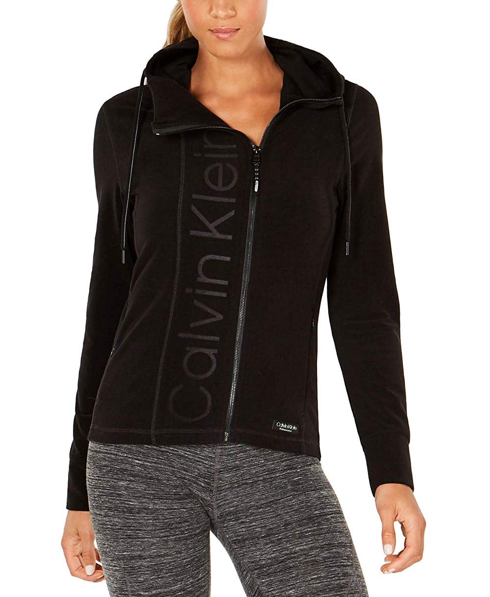 Calvin Klein Womens Performance Asymmetrical-Zip Logo Hooded Fleece Jacket  