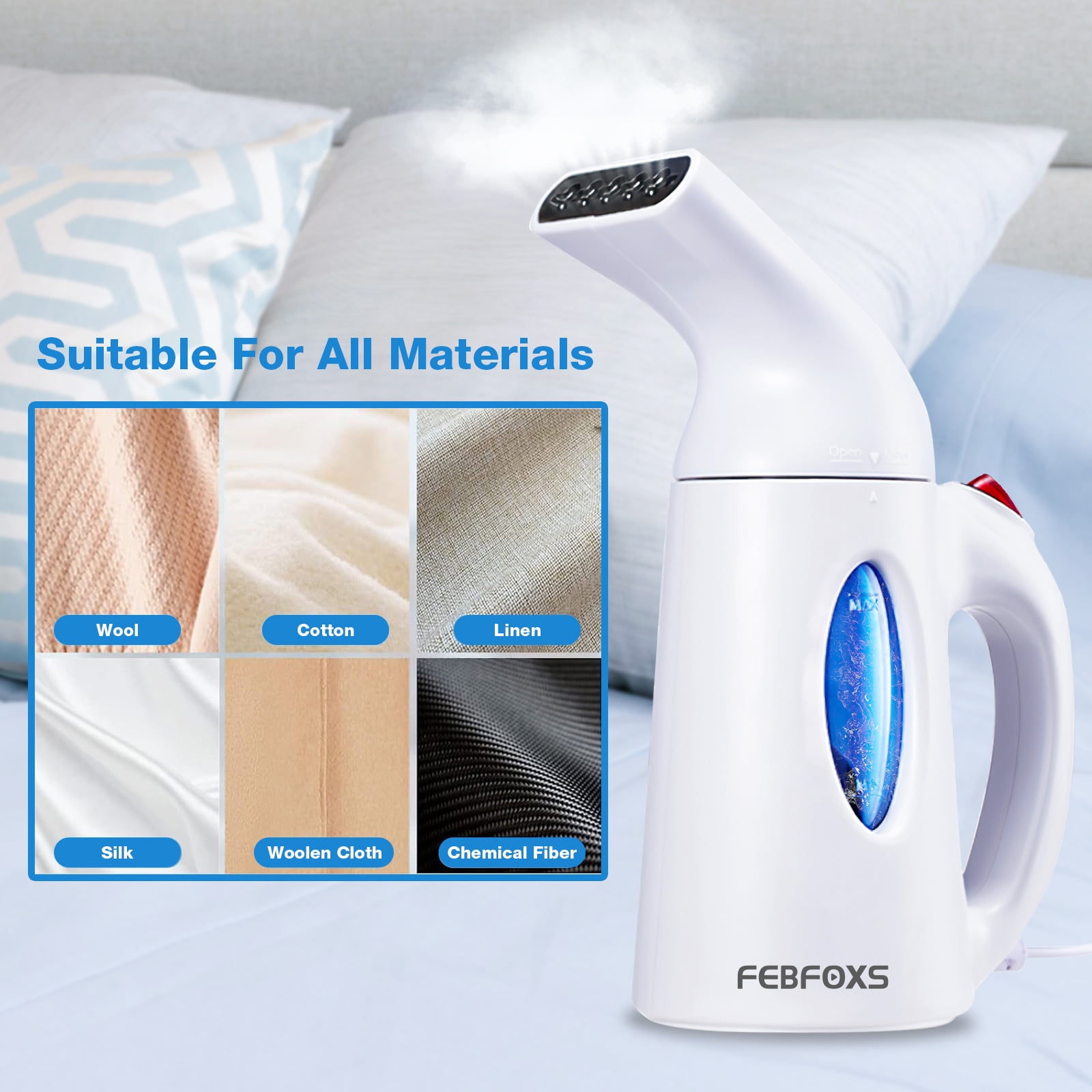 FEBFOXS Steamer for Clothes,700w Portable Garment Steamer,Auto Shut-off  Function,Wrinkles/Steam/Soften/Clean/Sterilize,White