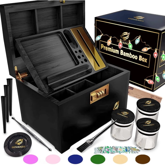 Caja de almacenamiento HOVANZO Premium de bambú con bandeja extraíble