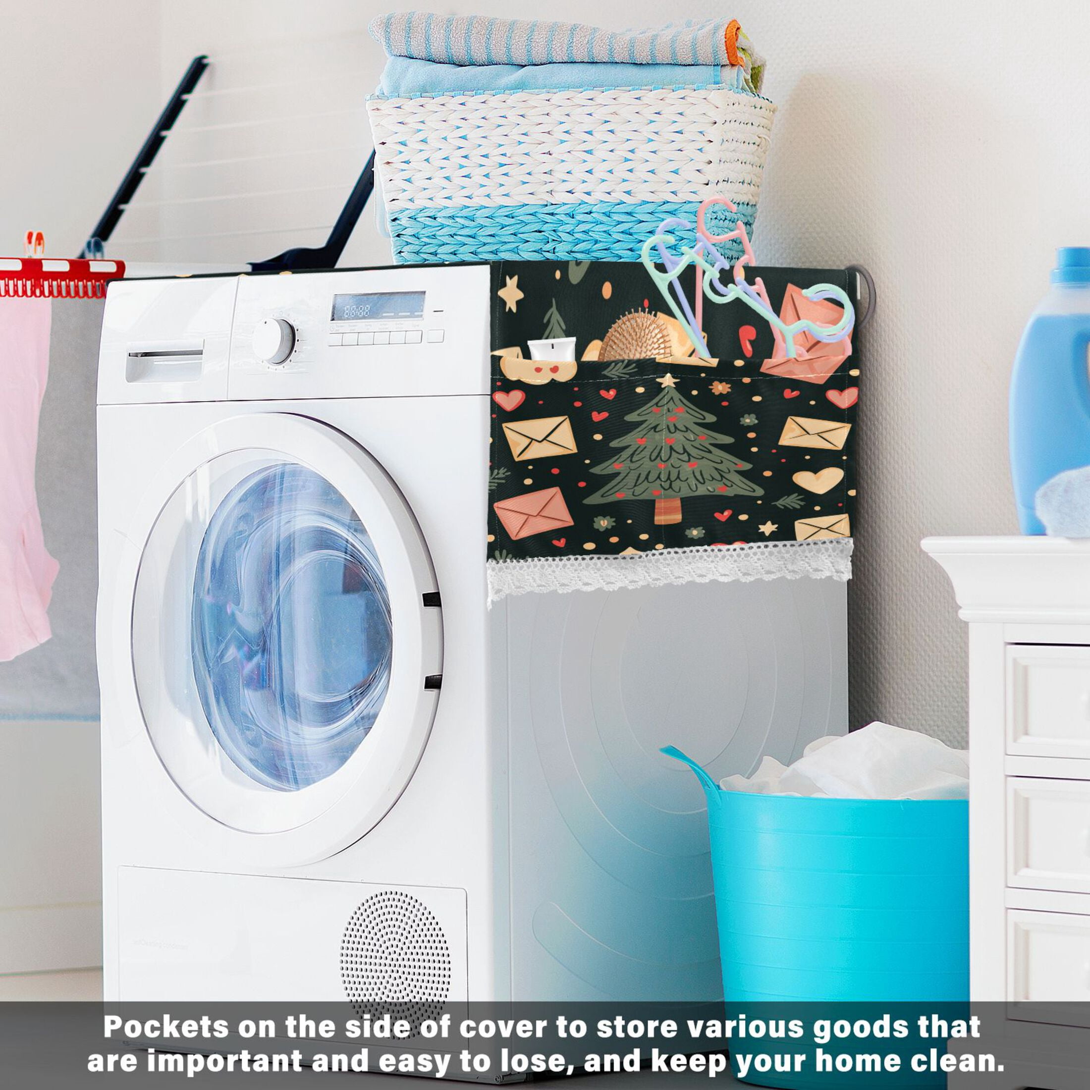 Christmas TreeWasher and Dryer Covers Dust-Proof and Oil Resistant Fridge Cover with 4 Storage Pockets Washing Machine Top Cover for Laundry Kitchen Home 51.2 x 22 In