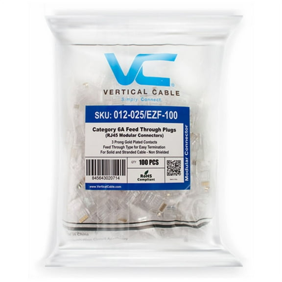 Vertical Cable Category 6A CAT6/CAT6A Feed Through Plug RJ45 Modular Connector for Solid or Stranded Cable - Unshielded - 100 Pack