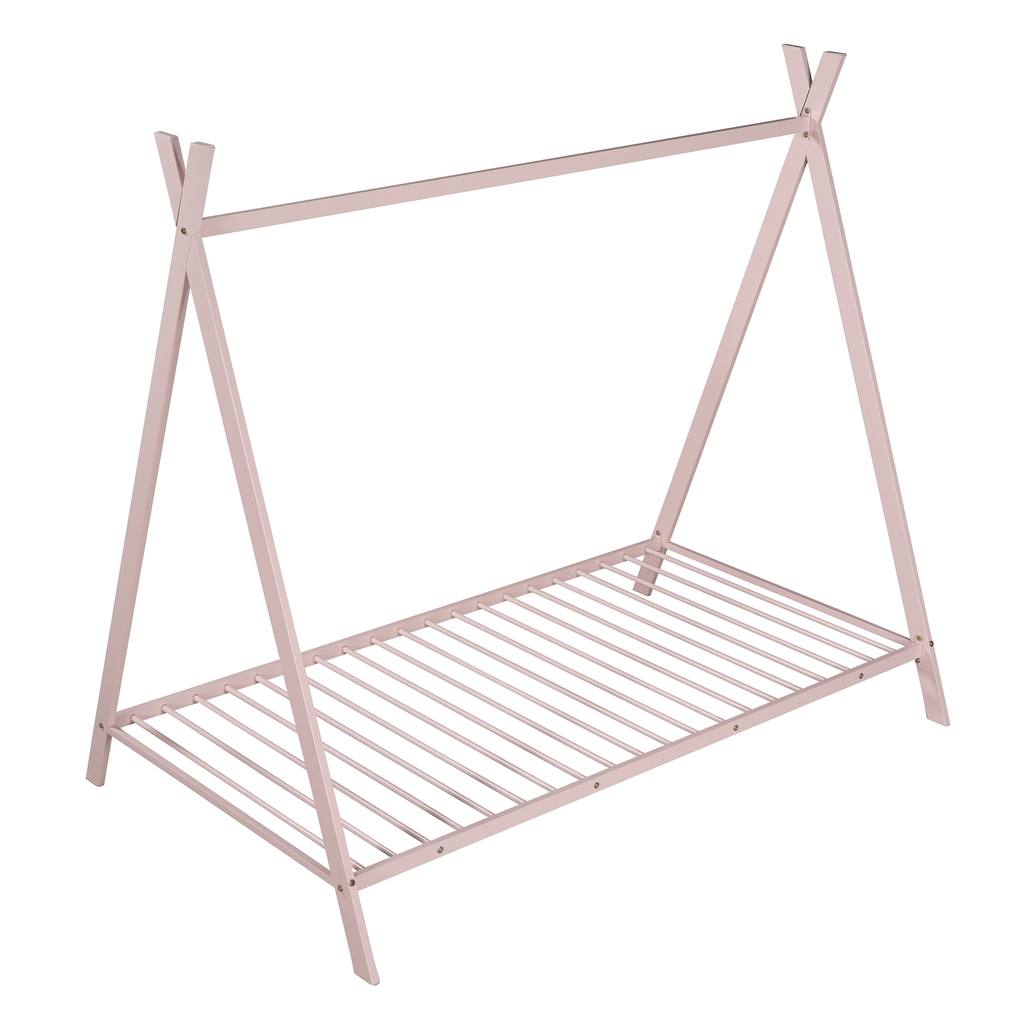Gewnee Twin Size Metal Tent Bed Floor House Bed with with x-Shaped Frame for Kids,Pink