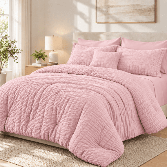 SUNNY HEAT Queen Size Comforter Set, 7-Piece Seersucke Bed in a Bag, Pink All Season Ultra Soft Down Alternative Bedding Set with Sheets, Pillowcases & Pillow Shams