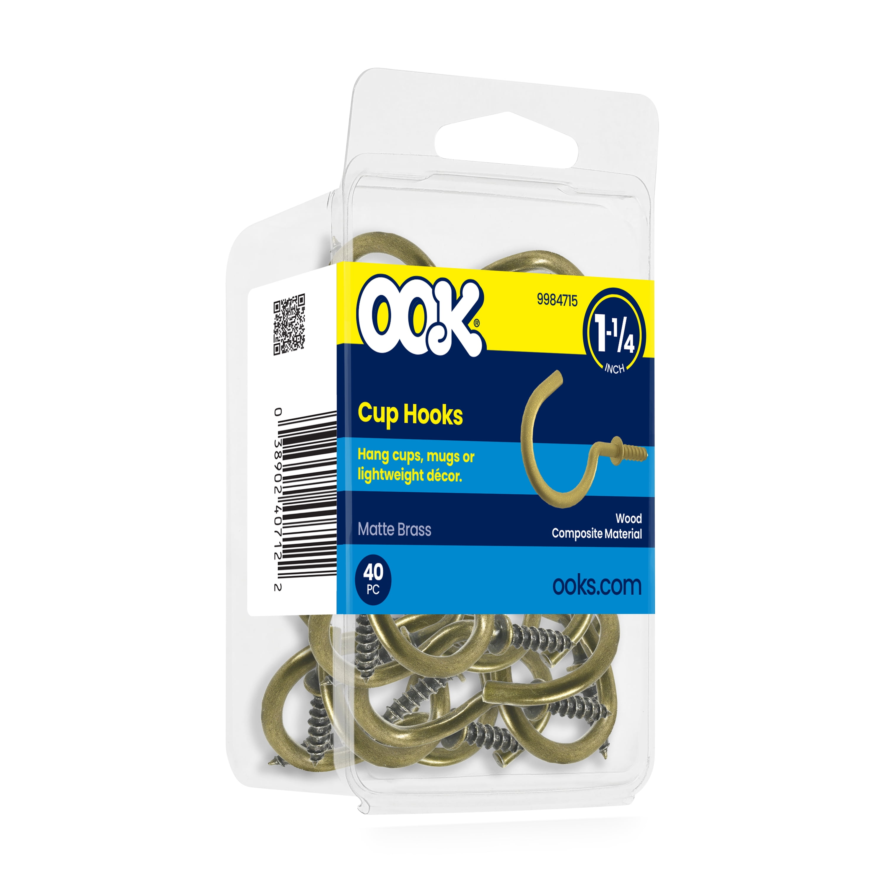 Ook Cup Hooks, 1-1/4", 1 lbs, Screw Hooks, Steel, Matte Brass, 40 pack