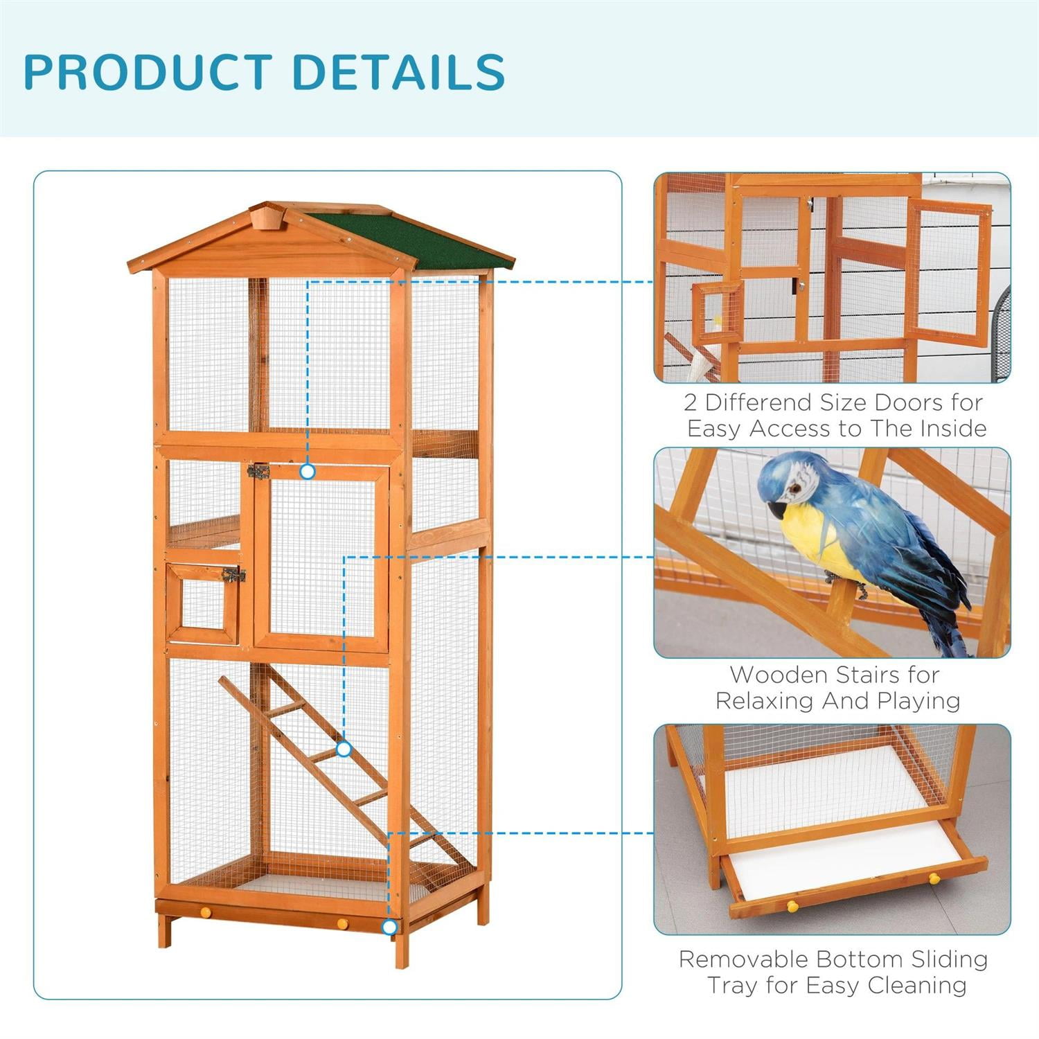 Pefilos Outdoor Bird Aviary, 65" Wooden Birdcage with Pull Out Tray 2 Doors, Ideal for Small Birds, Finches, Orange