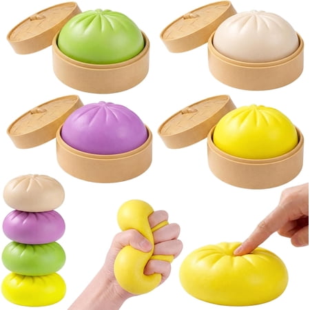 Glitter Dumpling Squishy Toys with Steamer Box Glitter Dumpling Squishies Mystery Box Squeeze Toys Squishy Dumpling Fidget Toys for Adults Stress Relief Sensory Toys(Yellow& Purple)