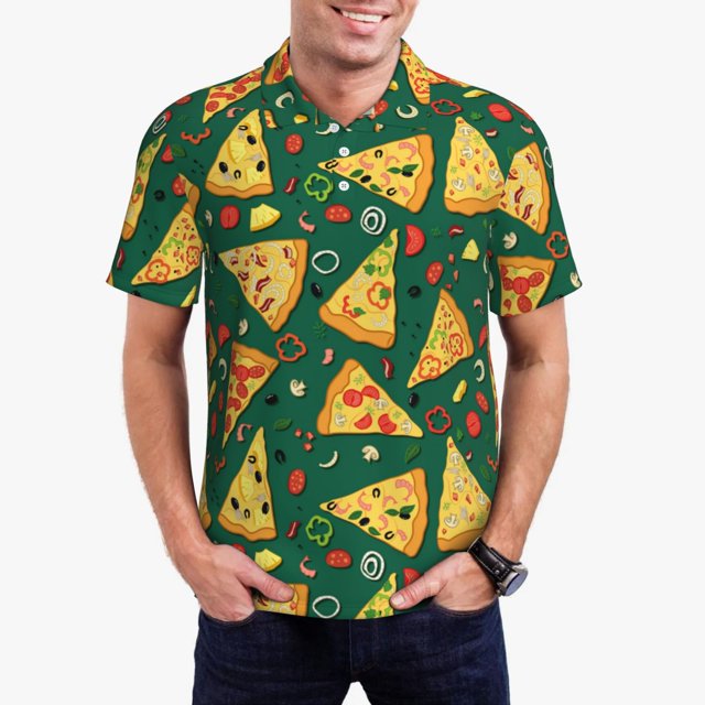 Lsque Pizza Pattern Golf Shirts for Men Dry Fit Print Moisture Wicking Performance Short Sleeve Polo Shirt-X-Large