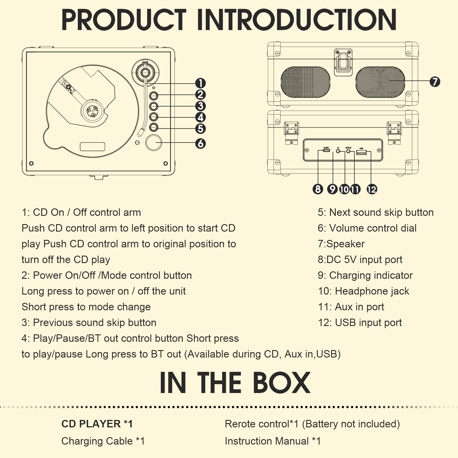 Wavelegend Retro CD Player Bluetooth Portable with Hifi Speakers, Remote Control Desktop Suitcase Music Player with V5.4 BT in&out
