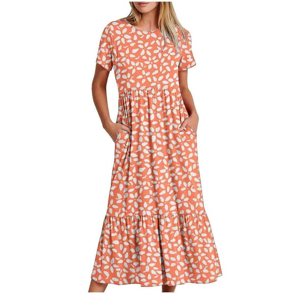 Zorckvet A Line Dresses for Women Crewneck Floral Print Flowy Trendy Loose Short Sleeve Womens Dress