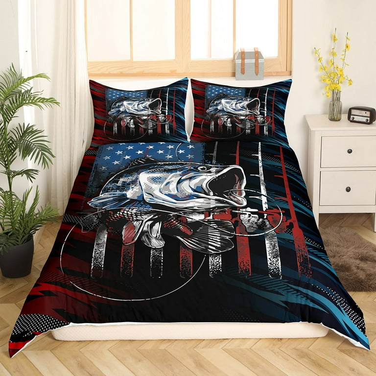 Fishing Comforter Cover Fish Bedding Set for Man Teens Boys,Multicolor  Striped Fishing Rod Duvet Cover Fish Hook Fishing Gear King Bed Set,Outdoor
