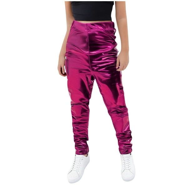 Odeerbi 3-16 Años Niños Niñas Pantalones de Cuero Metálico Brillante Sparkly Pantalones de Danza Workout Athletic Deportes Pantalones Largos