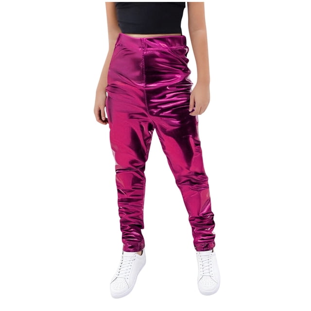 Odeerbi 3-16 Años Niños Niñas Pantalones de Cuero Metálico Brillante Sparkly Pantalones de Danza Workout Athletic Deportes Pantalones Largos