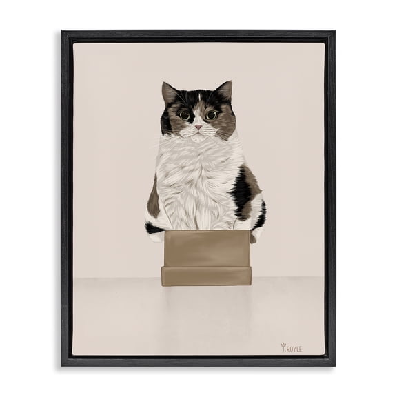Stupell Industries Eclectic Cat in Cardboard Box Black Floating Frame Canvas Art, 17 x 21, by Tara Royle