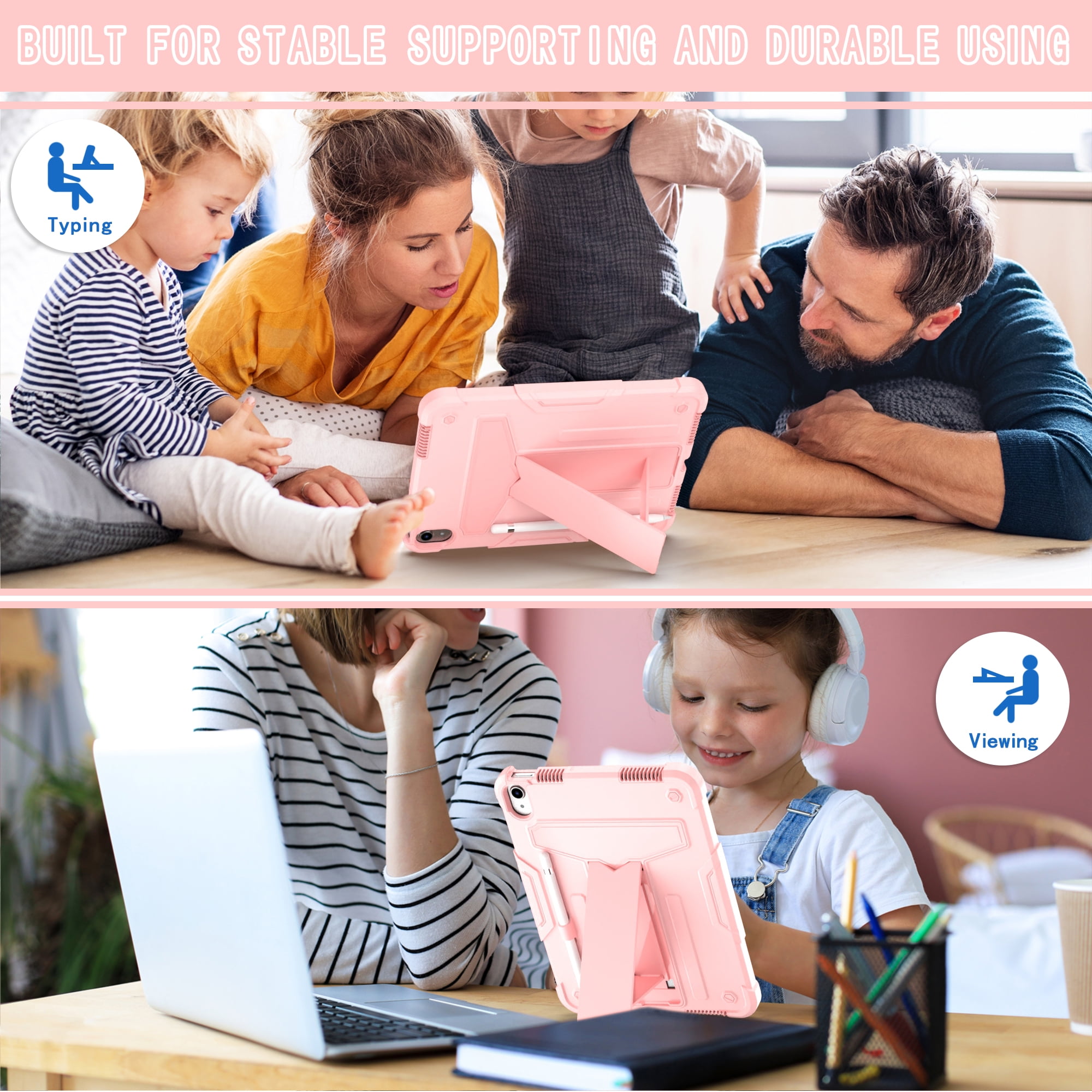 Tarise for iPad 10th Generation Case with Pencil Holder & Kickstand, Shockproof Drop Proof Kids Friendly Rugged Full Body Protective Case Cover for Apple iPad 10.9 Inch 10th Gen 2022, Rosegold