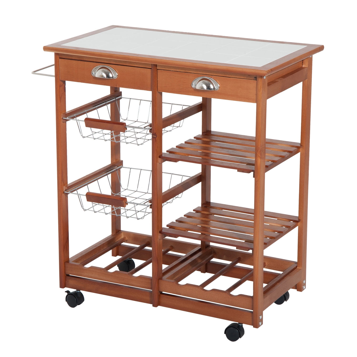 30" Wooden Rolling Kitchen Organizer Cart Tile Countertop With Basket Storage Wine Rack