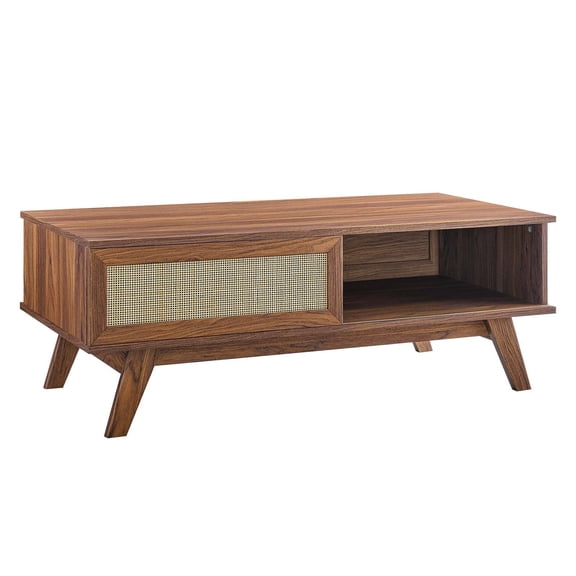 Pemberly Row Natural Rattan and MDF Wood Coffee Table in Walnut