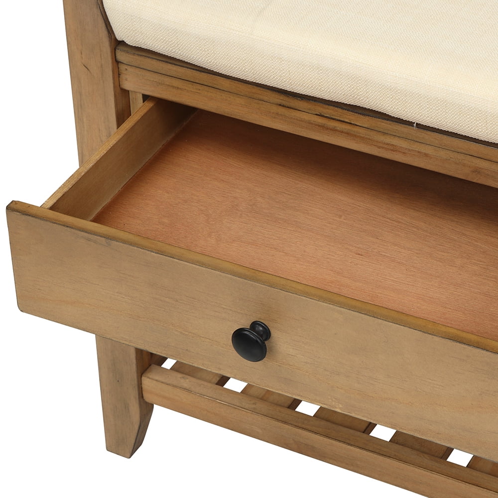 Lowestbest Wooden Storage Bench, Shoe Bench Rustic Solid Wood Entryway Bench Rack, Shoe Rack with Cushioned Seat and Drawers, Old Pine