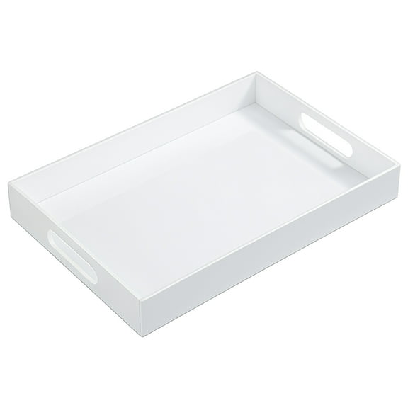 White Acrylic Tray with Handles, 12.6 × 8.3 x 1.2 in Large Tray for Ottoman Coffee Table, Waterproof Coffee Table Tray for Kitchen Bedroom Party