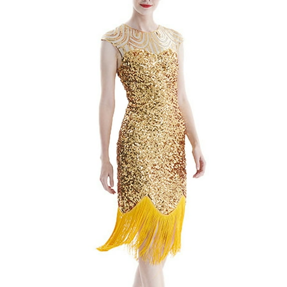 CALAFEBILA Women Dresses,Female Fashion Glitter Sparkly Sequin Formal Evening Ball Dress Tassel Vintage Party Midi Dress