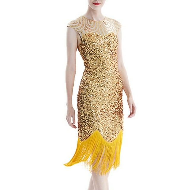 LOVZFMLL Robe à Paillettes pour Femme Inspirée des Années 1920, Sequins, Perles, Longues Franges, Inserts, Robe Jaune m